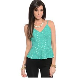 AQUA/TEAL EYELET PEPLUM LOW BACK TOP